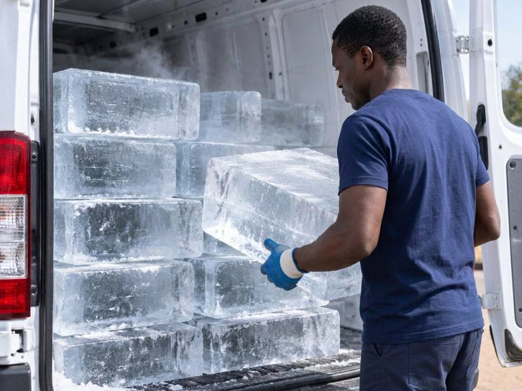 Ice blocks being loaded into a delivery van
